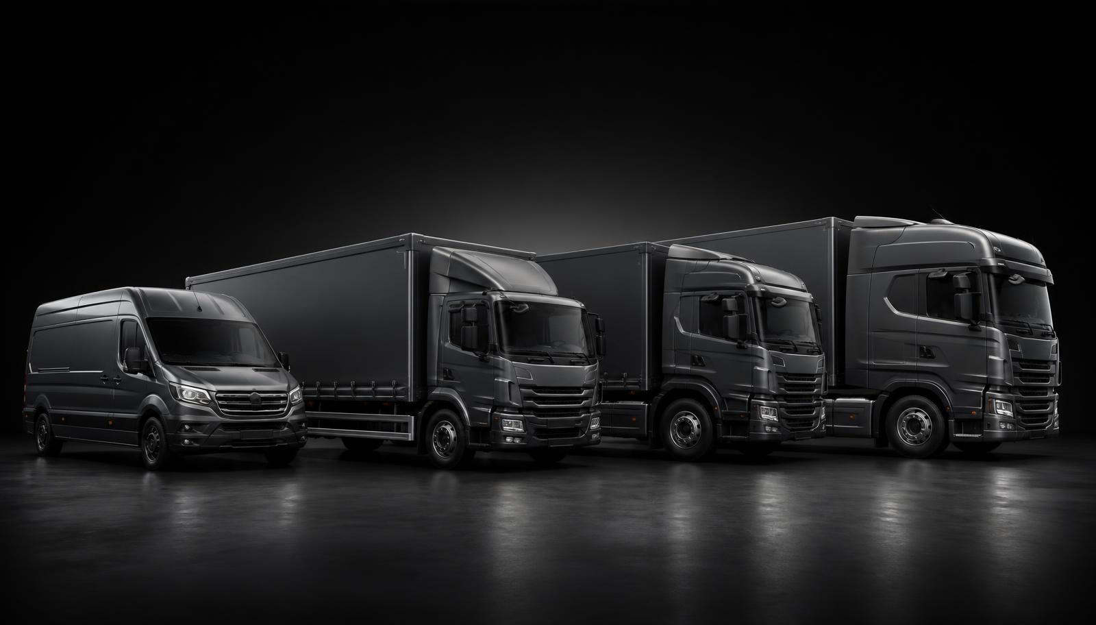 Fahrzeugreihe von Transporter bis 40-Tonnen-Sattelzug in dunkler Studioatmosphäre