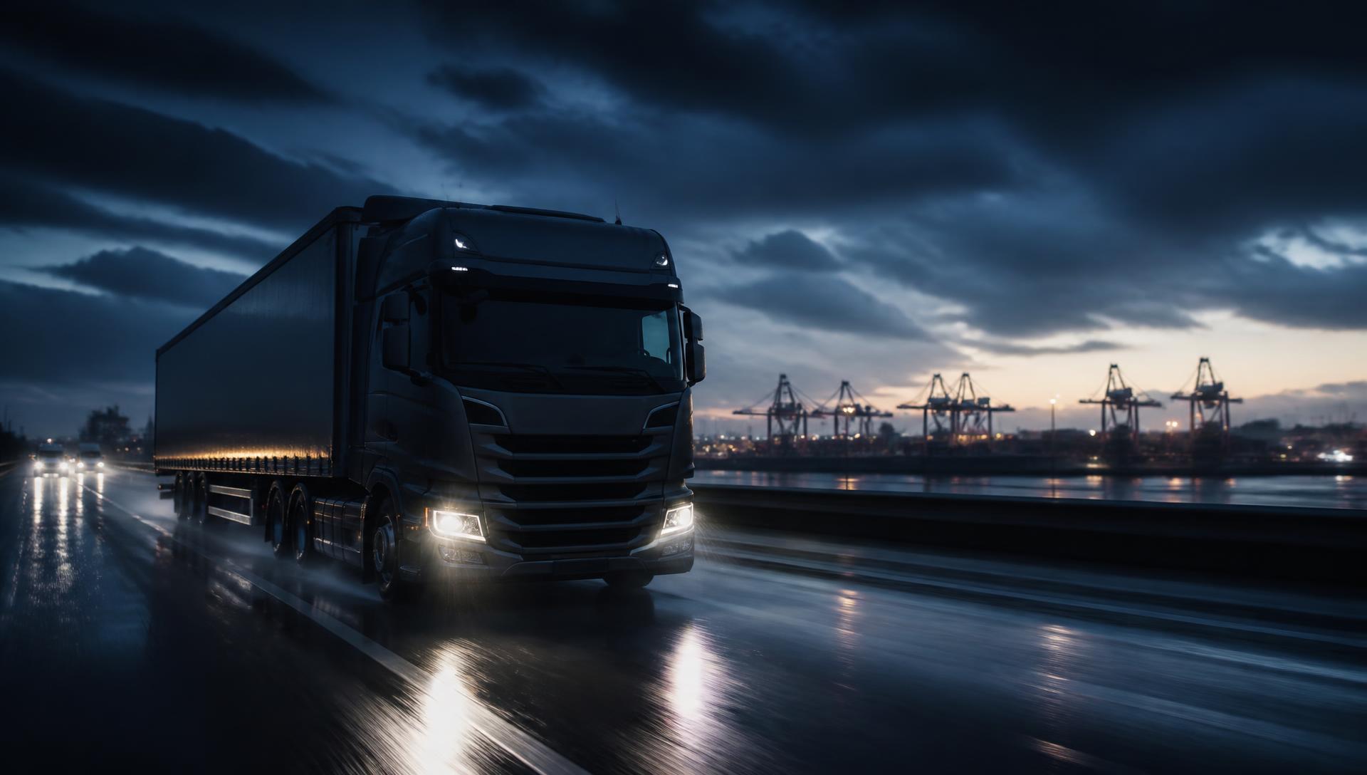 Sattelzug auf einer deutschen Autobahn zur blauen Stunde vor Hamburger Containerterminals